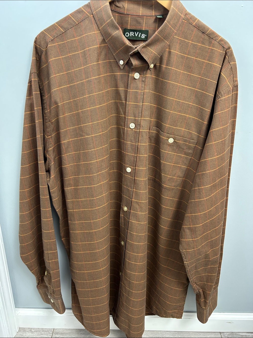 Orvis Country Twill Men’s XXLT Brown Houndstooth Plaid Button Down Shirt Fall - Picture 3 of 9